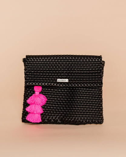 Solid Woven Black Clutch with Tassel | Uniquely Claudia 