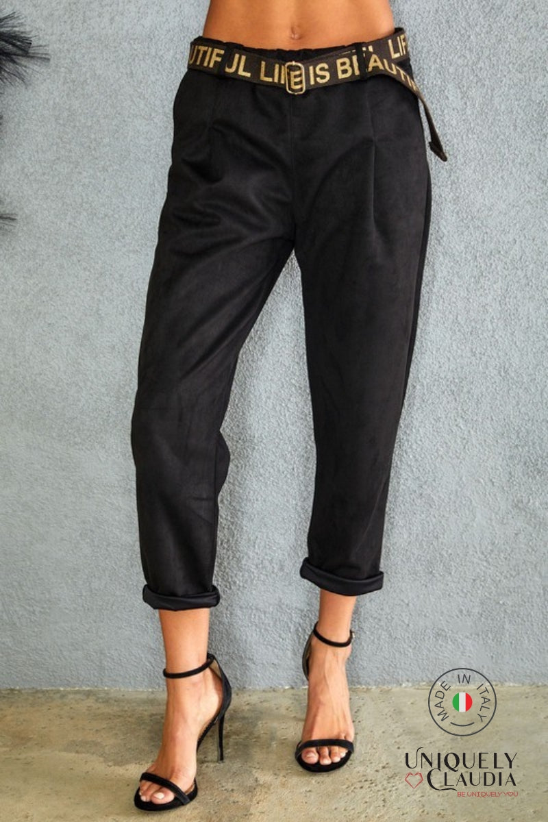 Renata Darted Faux Suede Elastic Waist Pant with Belt | Uniquely Claudia Boutique