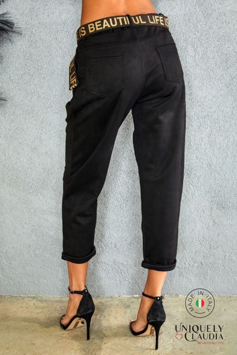 Renata Darted Faux Suede Elastic Waist Pant with Belt | Uniquely Claudia Boutique
