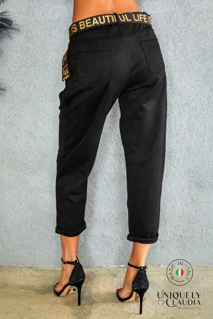 Renata Darted Faux Suede Elastic Waist Pant with Belt | Uniquely Claudia Boutique