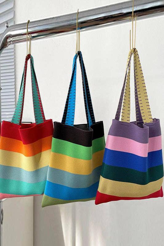 Weave Contrast Rainbow Striped Tote Bag | Uniquely Claudia Boutique