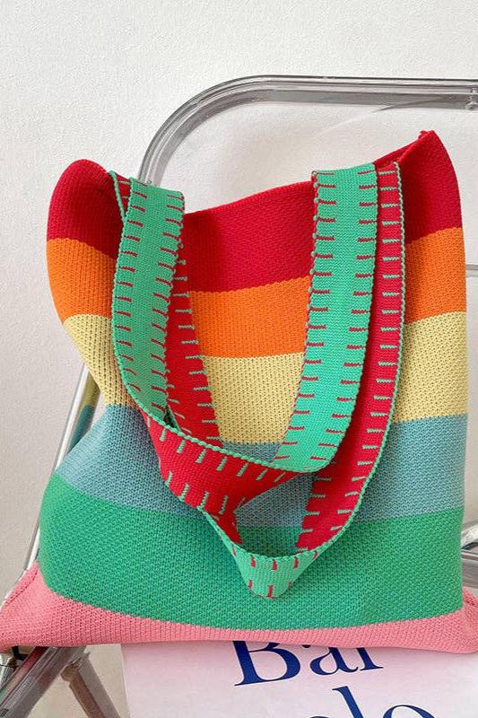 Weave Contrast Rainbow Striped Tote Bag | Uniquely Claudia Boutique