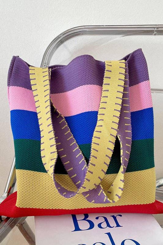 Weave Contrast Rainbow Striped Tote Bag | Uniquely Claudia Boutique