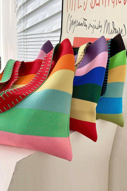 Weave Contrast Rainbow Striped Tote Bag | Uniquely Claudia Boutique