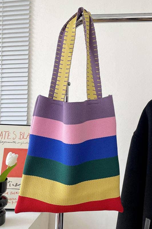 Weave Contrast Rainbow Striped Tote Bag | Uniquely Claudia Boutique