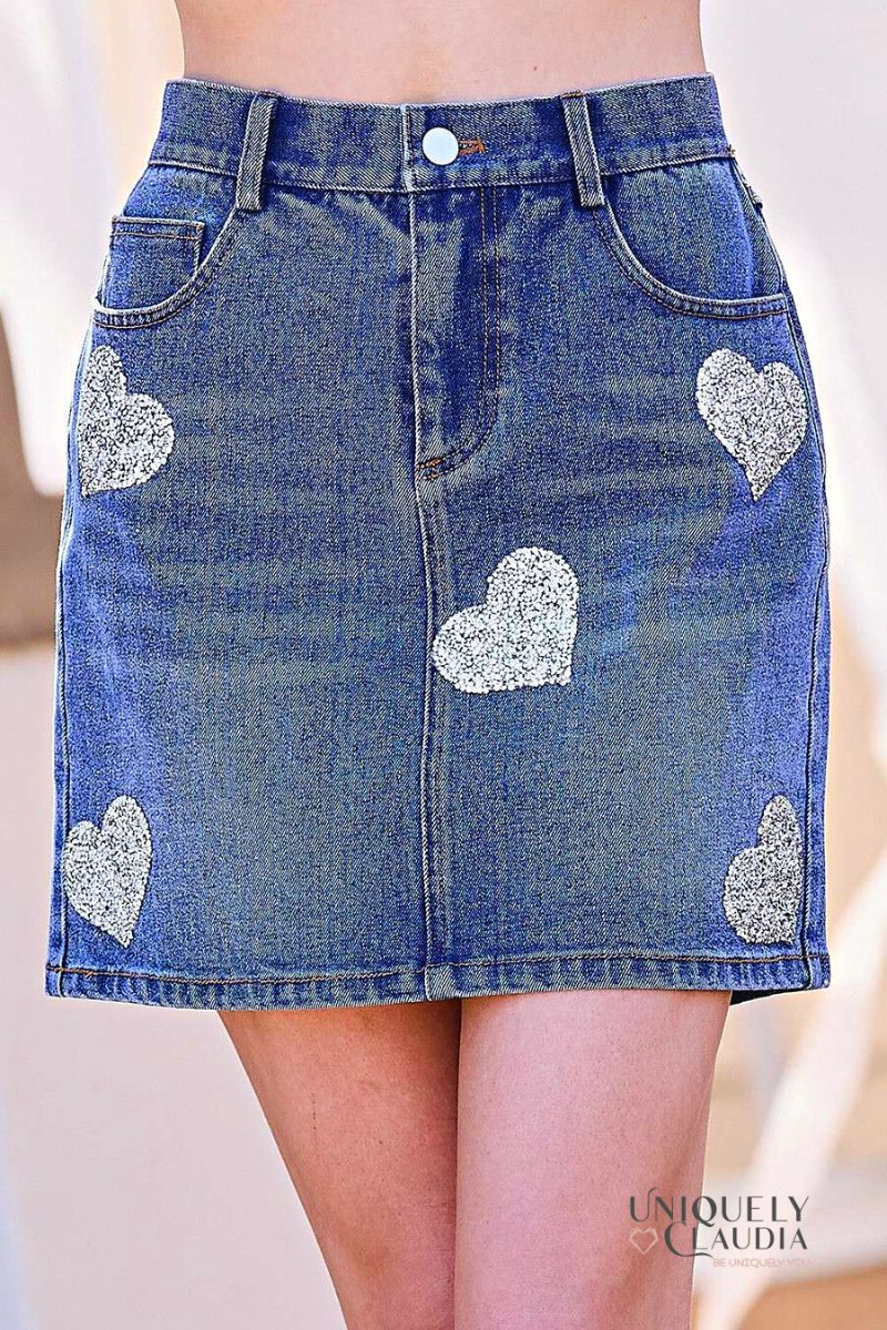 Women's Skirts | Abbey Sequined Hearts Denim Mini Skirt | Uniquely Claudia Boutique