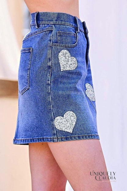 Women's Skirts | Abbey Sequined Hearts Denim Mini Skirt | Uniquely Claudia Boutique