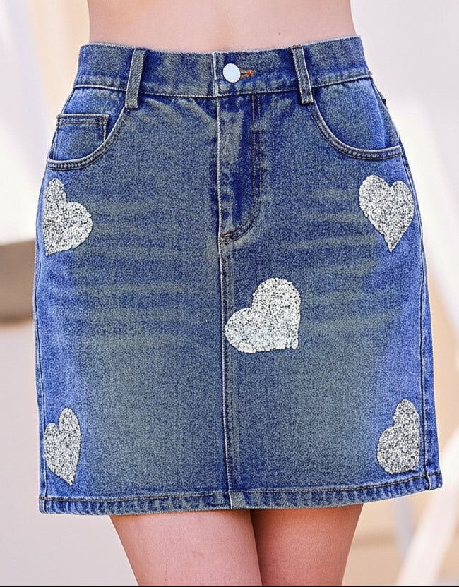 Women's Skirts | Abbey Sequined Hearts Denim Mini Skirt | Uniquely Claudia Boutique