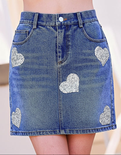 Women's Skirts | Abbey Sequined Hearts Denim Mini Skirt | Uniquely Claudia Boutique