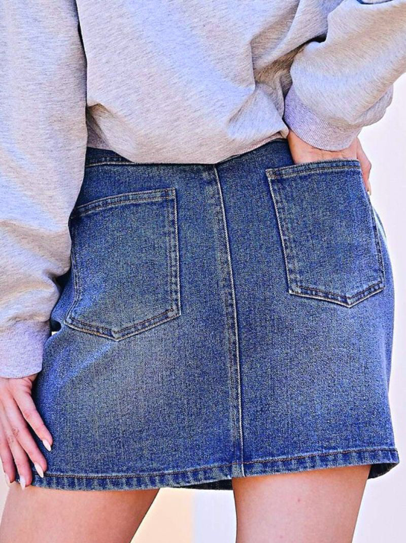 Women's Skirts | Abbey Sequined Hearts Denim Mini Skirt | Uniquely Claudia Boutique