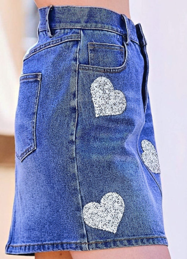 Women's Skirts | Abbey Sequined Hearts Denim Mini Skirt | Uniquely Claudia Boutique