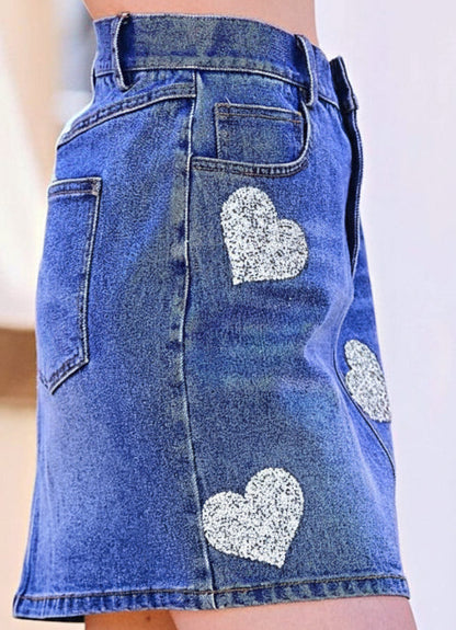 Women's Skirts | Abbey Sequined Hearts Denim Mini Skirt | Uniquely Claudia Boutique