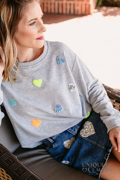 Women's Tops | Amanda Sequined Hearts Gray Pullover Sweatshirt | Uniquely Claudia Boutique