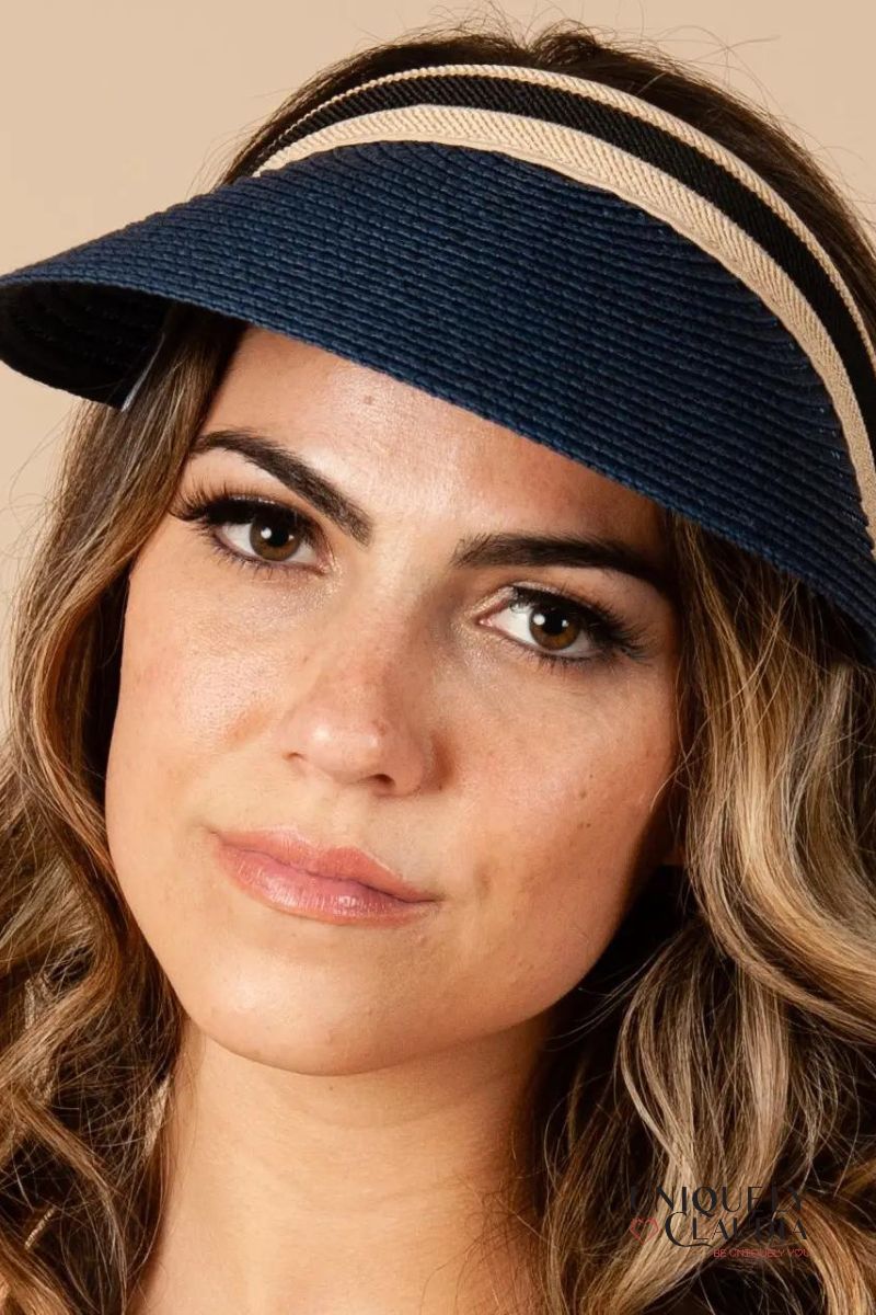 Women's Sun Hats | Bailor Navy With Khaki Stripes Visor | Uniquely Claudia Boutique