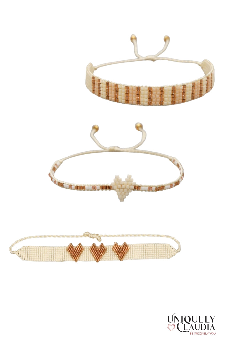 Women's Bracelets | Beaded Beige Heart Bracelet Set | Uniquely Claudia Boutique