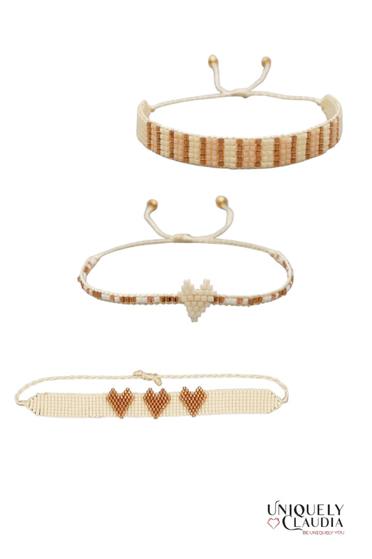 Women's Bracelets | Beaded Beige Heart Bracelet Set | Uniquely Claudia Boutique