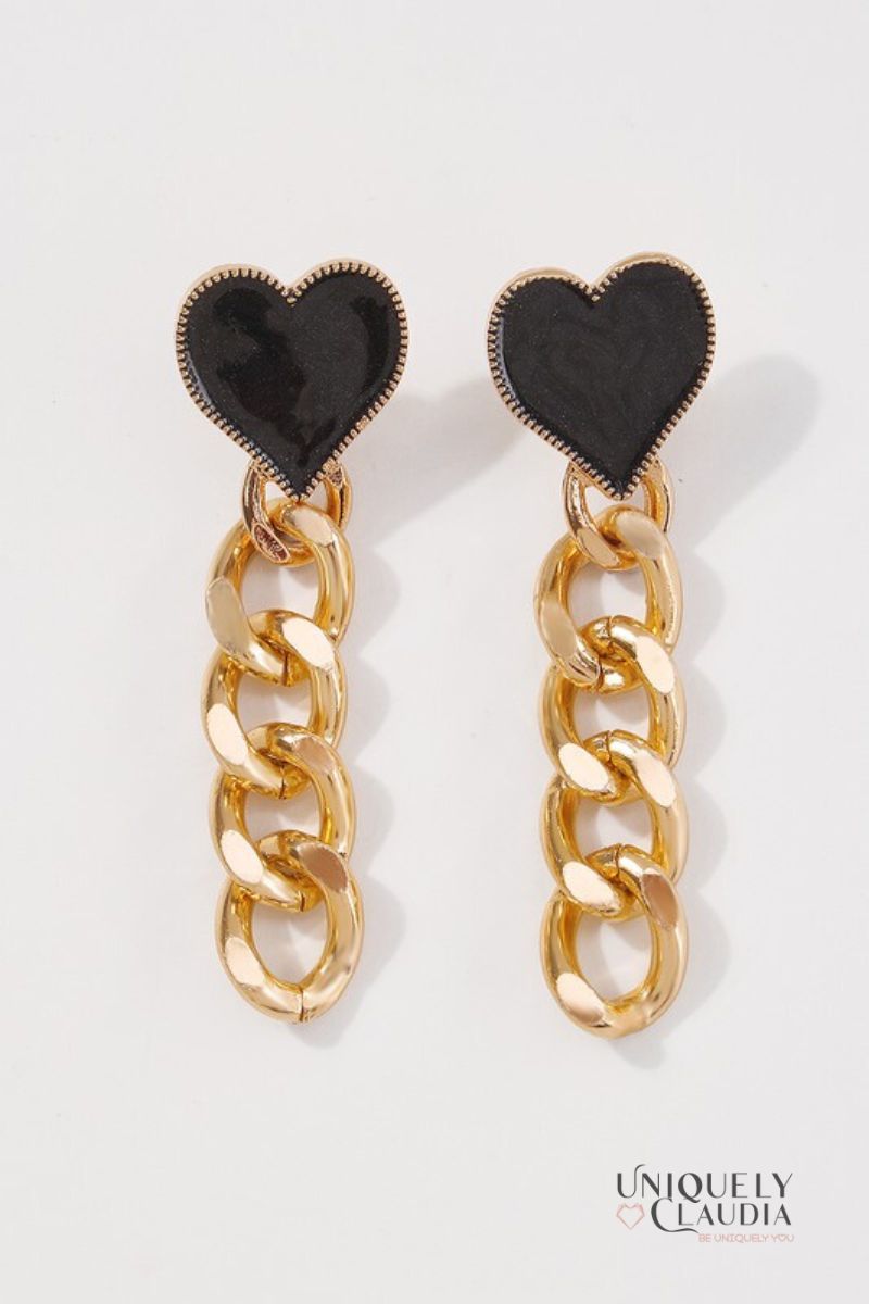 Black Heart Goldtone Chain Earrings - UNIQUELY CLAUDIA