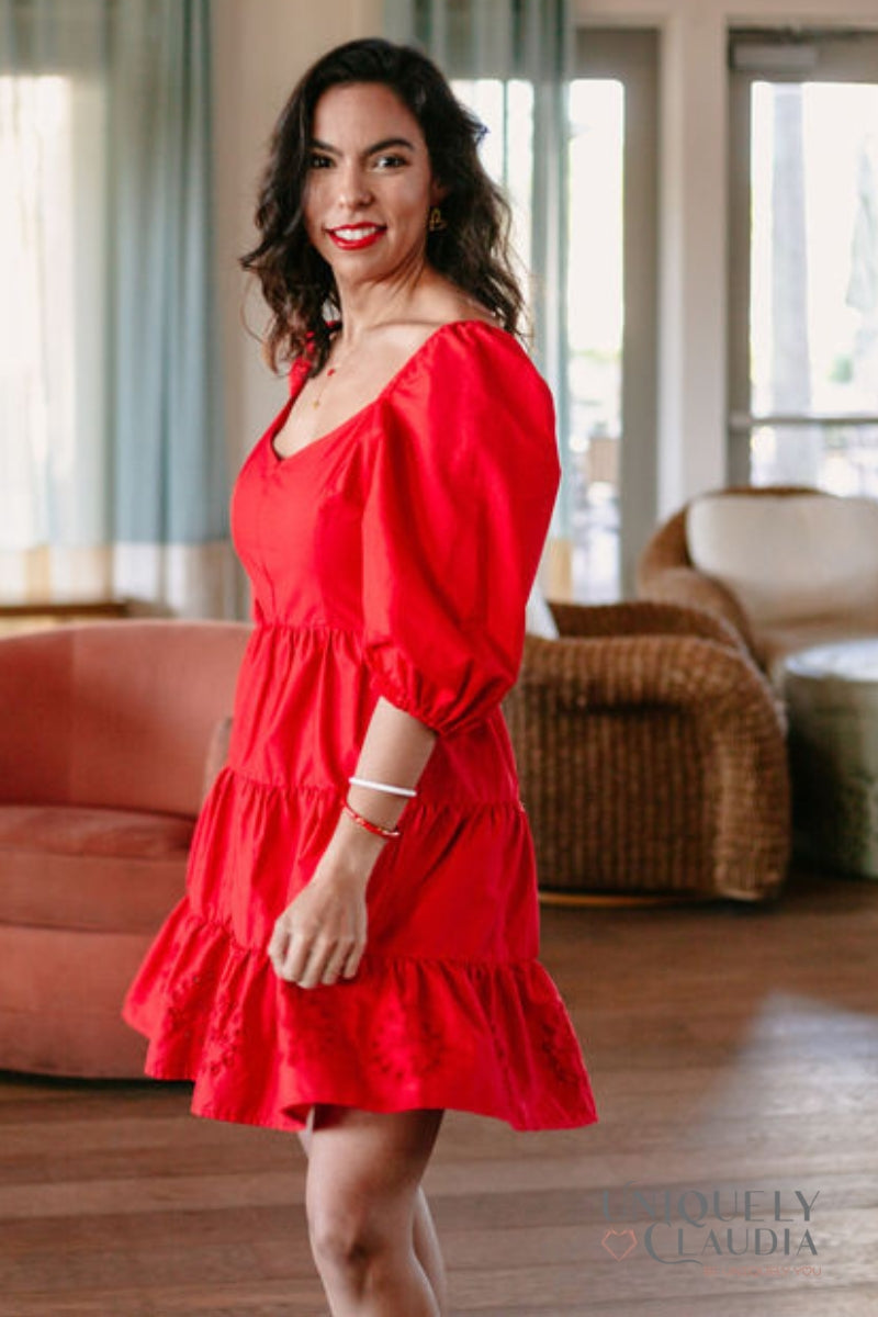 Women's Spring Dresses | Davina Puff Sleeves Fit & Flare Eyelet Dress | Uniquely Claudia Boutique