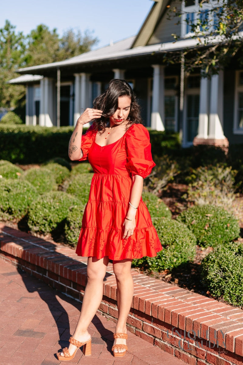 Women's Spring Dresses | Davina Puff Sleeves Fit & Flare Eyelet Dress | Uniquely Claudia Boutique
