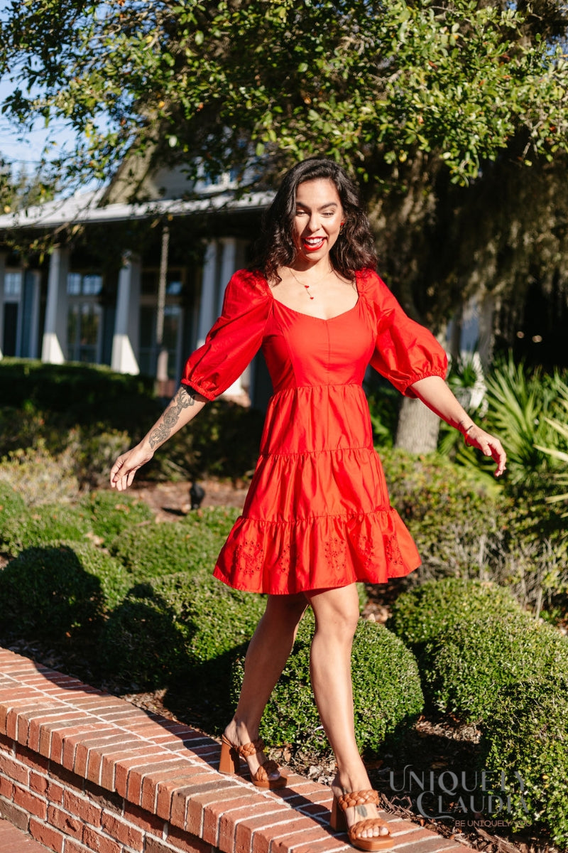 Women's Spring Dresses | Davina Puff Sleeves Fit & Flare Eyelet Dress | Uniquely Claudia Boutique