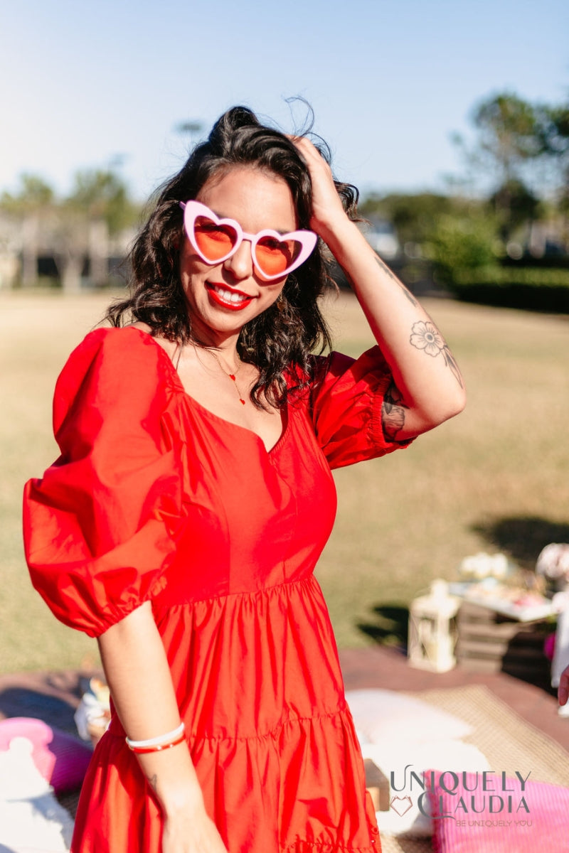 Skies Are Blue Women s Spring Dresses Davina Puff Sleeves Fit Flare Eyelet Dress Uniquely Claudia Boutique S Strawberry Red