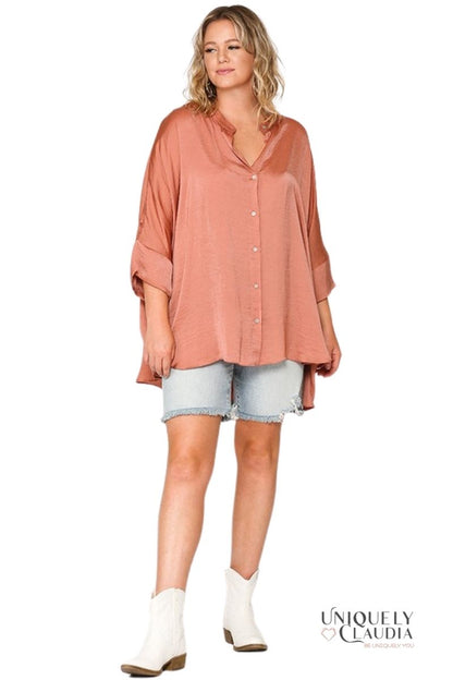 EDGY PLUS: Carina Satin Button Down Top | Uniquely Claudia