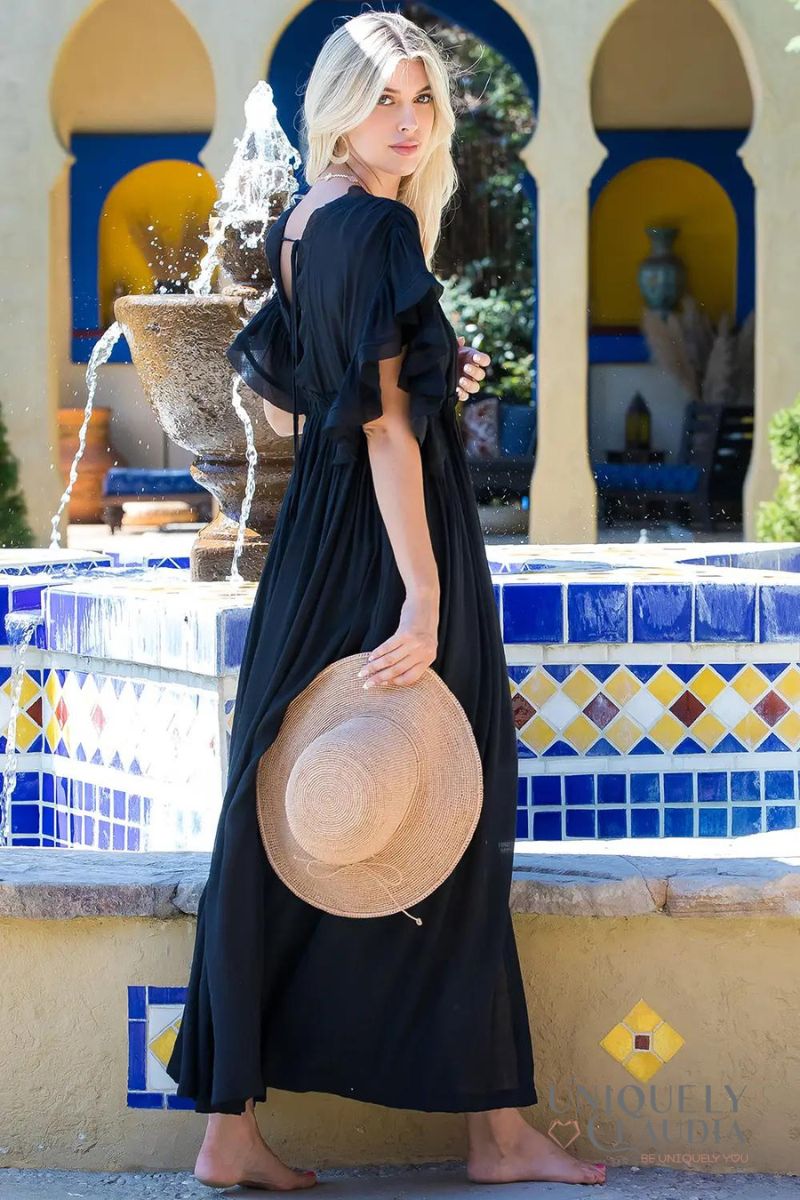 Women Plus Dress: Scarlett Deep V-Neck Ruffle Black Maxi Dress | Uniquely Claudia Boutique