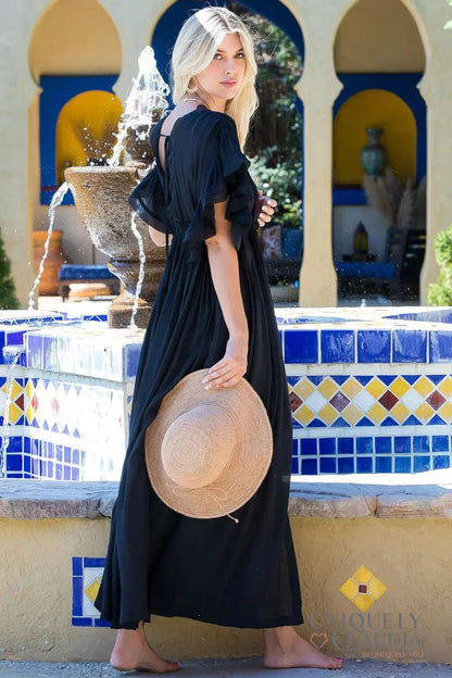 Women Plus Dress: Scarlett Deep V-Neck Ruffle Black Maxi Dress | Uniquely Claudia Boutique