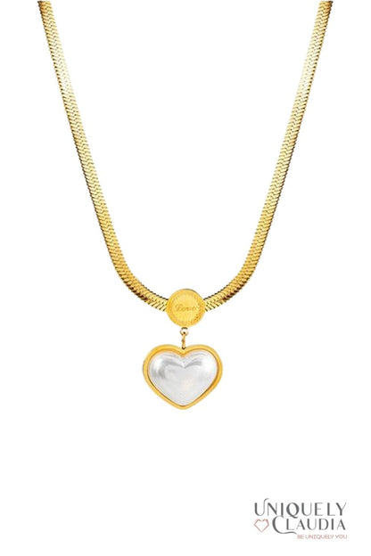 Women's Necklace | Pearl Heart Stainless Steel Earrings & Necklace Set | Uniquely Claudia Boutique