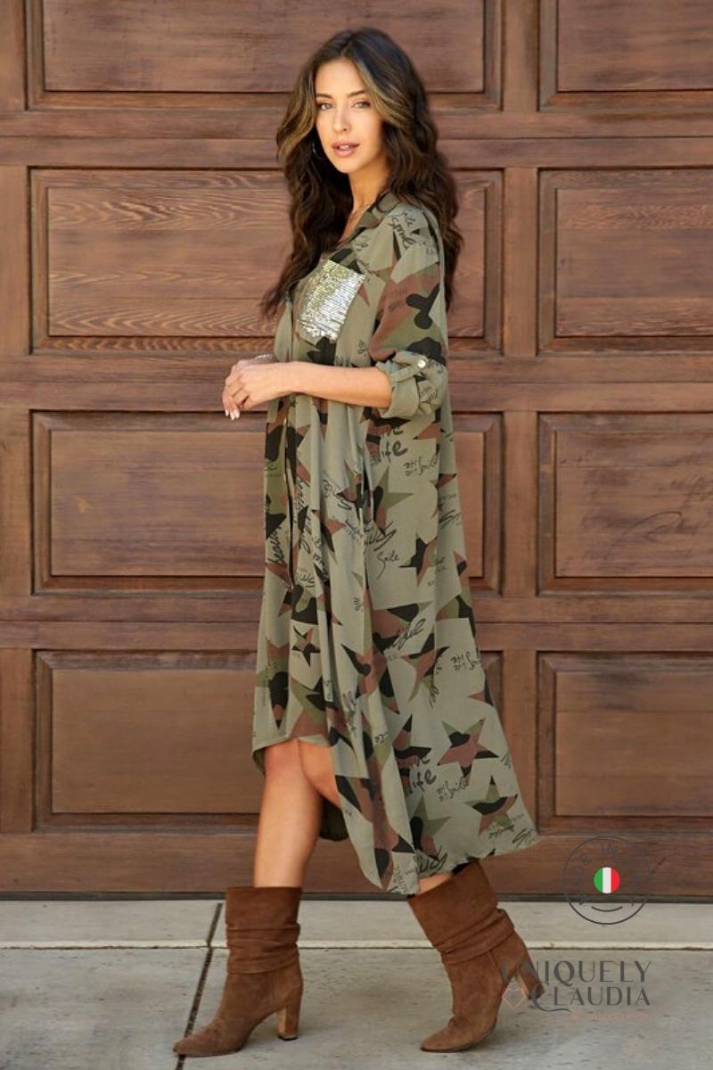Women's Dresses | Izabella Embellished Camouflaged Midi Shirt Dress | Uniquely Claudia Boutique