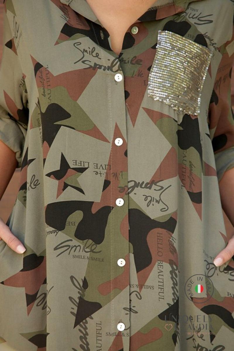 Women's Dresses | Izabella Embellished Camouflaged Midi Shirt Dress | Uniquely Claudia Boutique