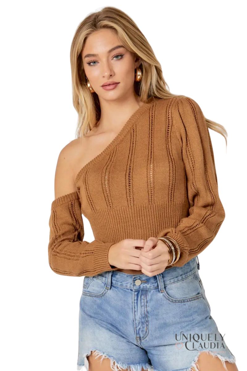 Women's Sweaters | Kendra Pointelle Knit One-Shoulder Sweater Top | Uniquely Claudia Boutique