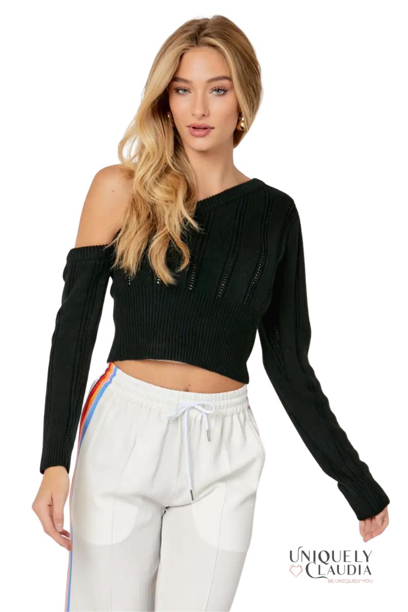 Women's Sweaters | Kendra Pointelle Knit One-Shoulder Sweater Top | Uniquely Claudia Boutique