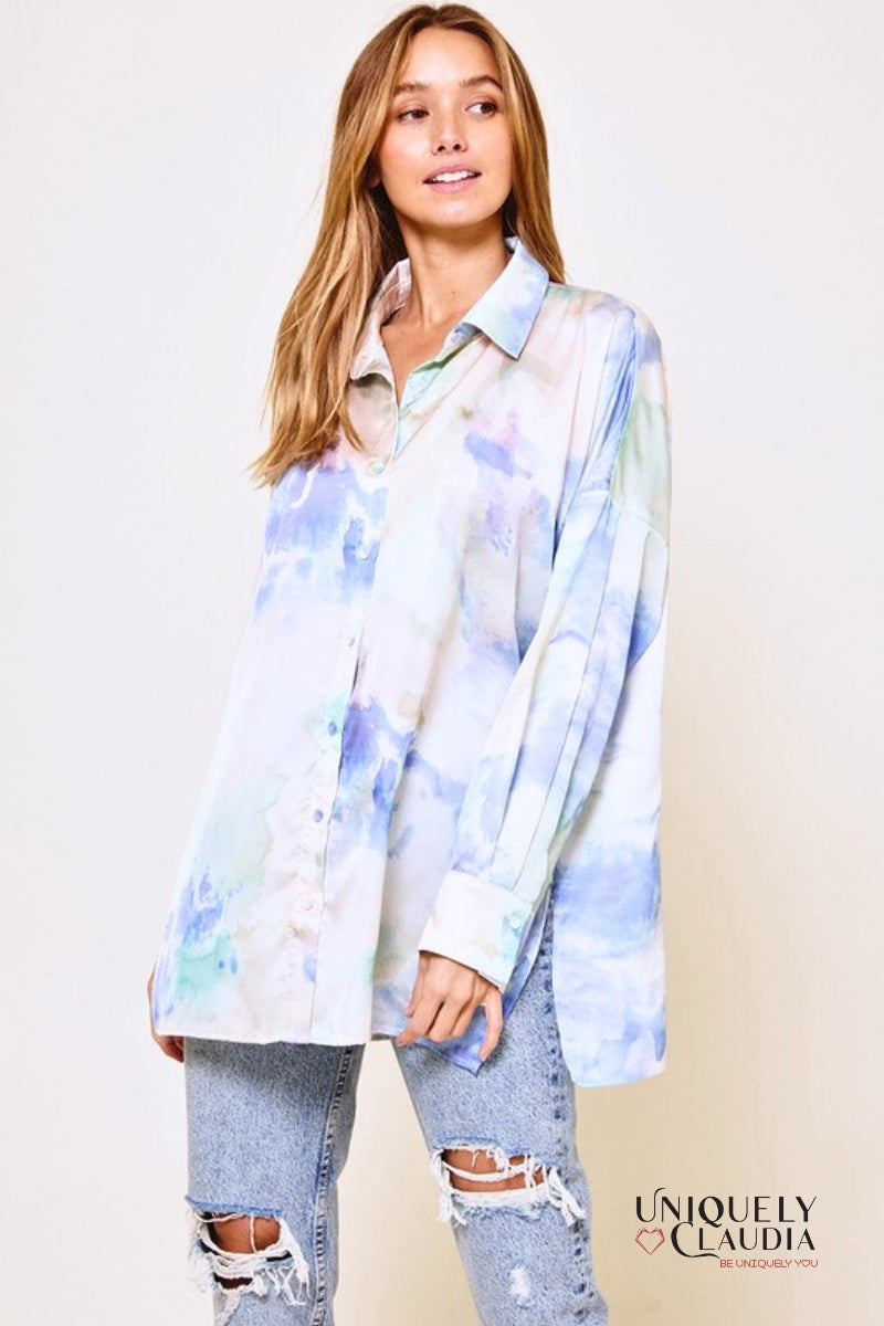 Women's Tops | Monica Tie Dye Print Boyfriend Satin Shirt and Matching Crop Top | Uniquely Claudia Boutique