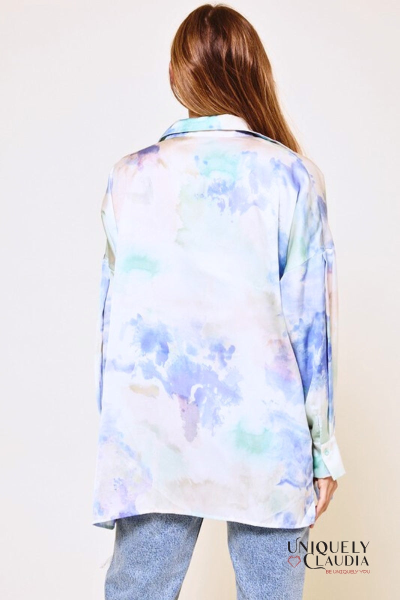 Women's Tops | Monica Tie Dye Print Boyfriend Satin Shirt and Matching Crop Top | Uniquely Claudia Boutique