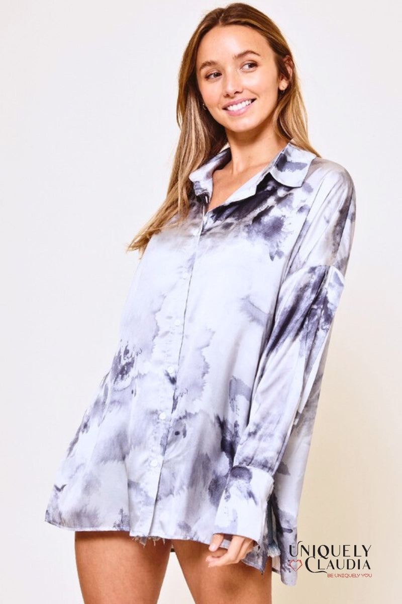 Women's Tops | Monica Tie Dye Print Boyfriend Satin Shirt and Matching Crop Top | Uniquely Claudia Boutique