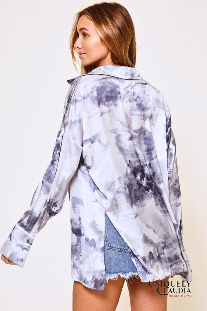 Women's Tops | Monica Tie Dye Print Boyfriend Satin Shirt and Matching Crop Top | Uniquely Claudia Boutique