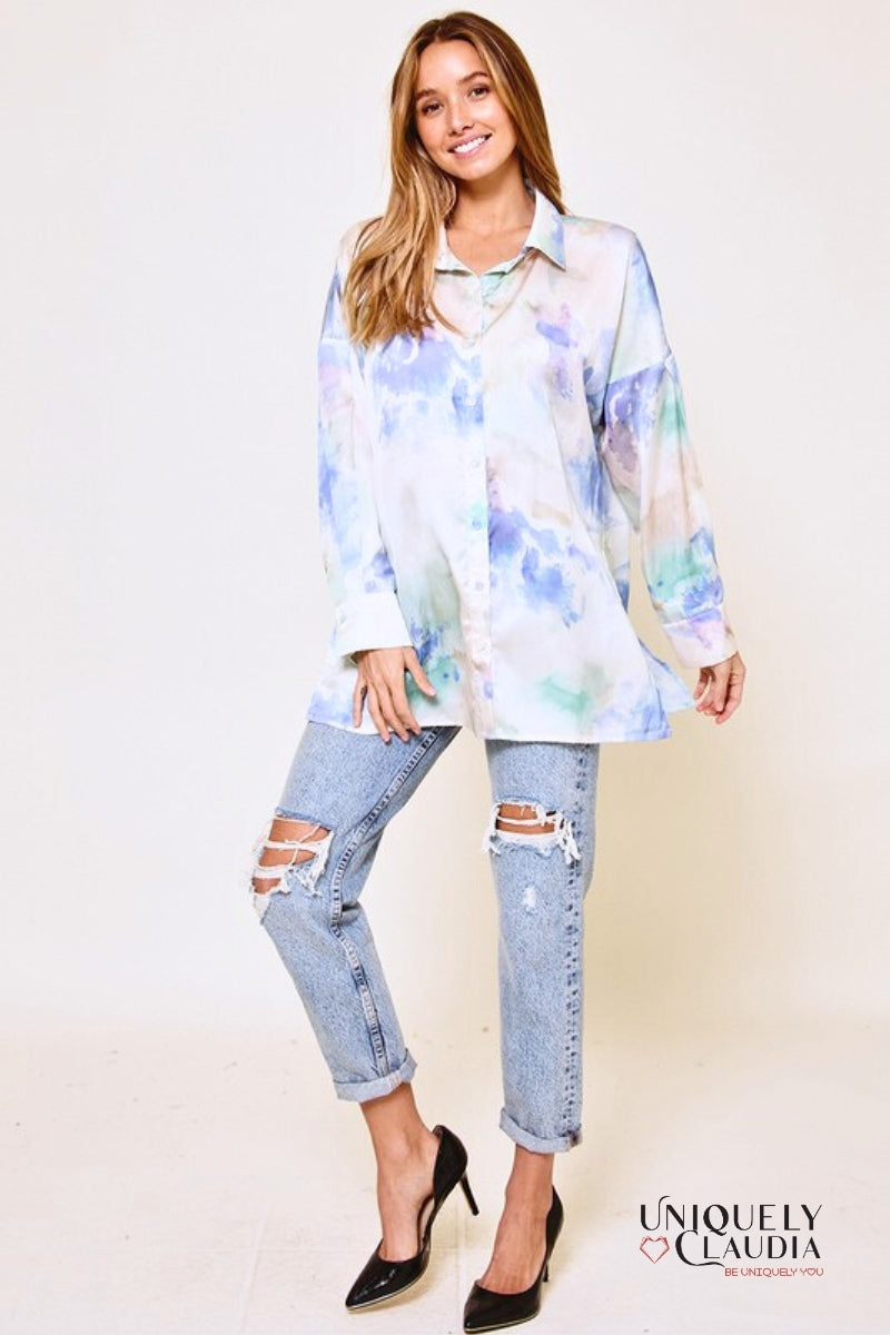 Women's Tops | Monica Tie Dye Print Boyfriend Satin Shirt and Matching Crop Top | Uniquely Claudia Boutique