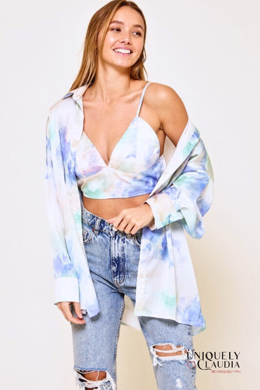 Women's Tops | Monica Tie Dye Print Boyfriend Satin Shirt and Matching Crop Top | Uniquely Claudia Boutique