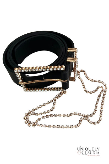 Rectangle Rhinestone Buckle and Chain Fashion Belt  | Uniquely Claudia Boutique