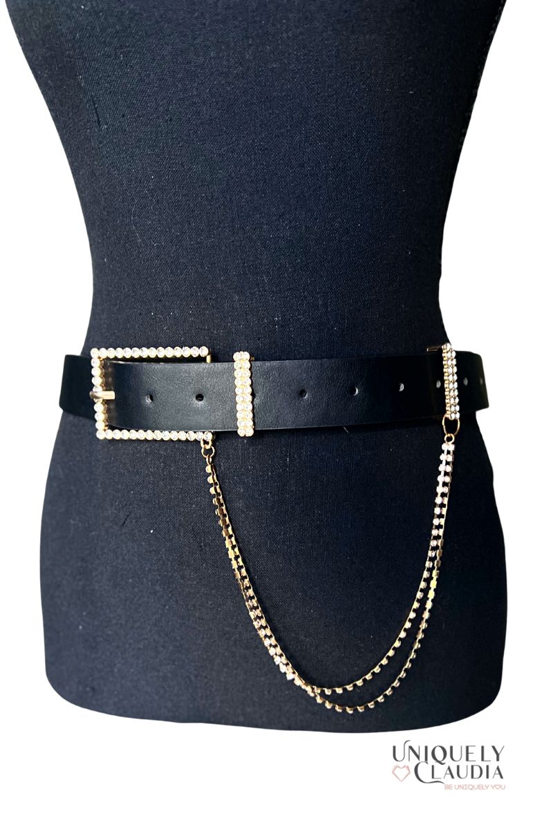 Rectangle Rhinestone Buckle and Chain Fashion Belt  | Uniquely Claudia Boutique