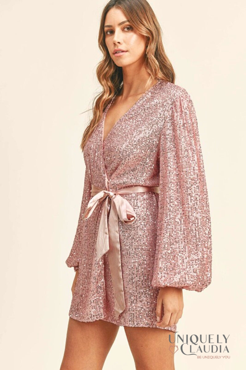 Party Dresses | Samantha Pink Sequin Long Sleeve Wrap Dress |  Uniquely Claudia Boutique