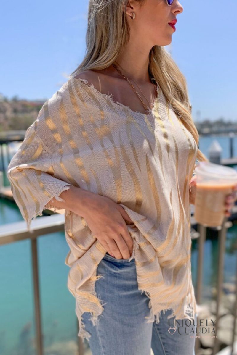 Sigrid Gold Printed Distressed Knit Top | Uniquely Claudia