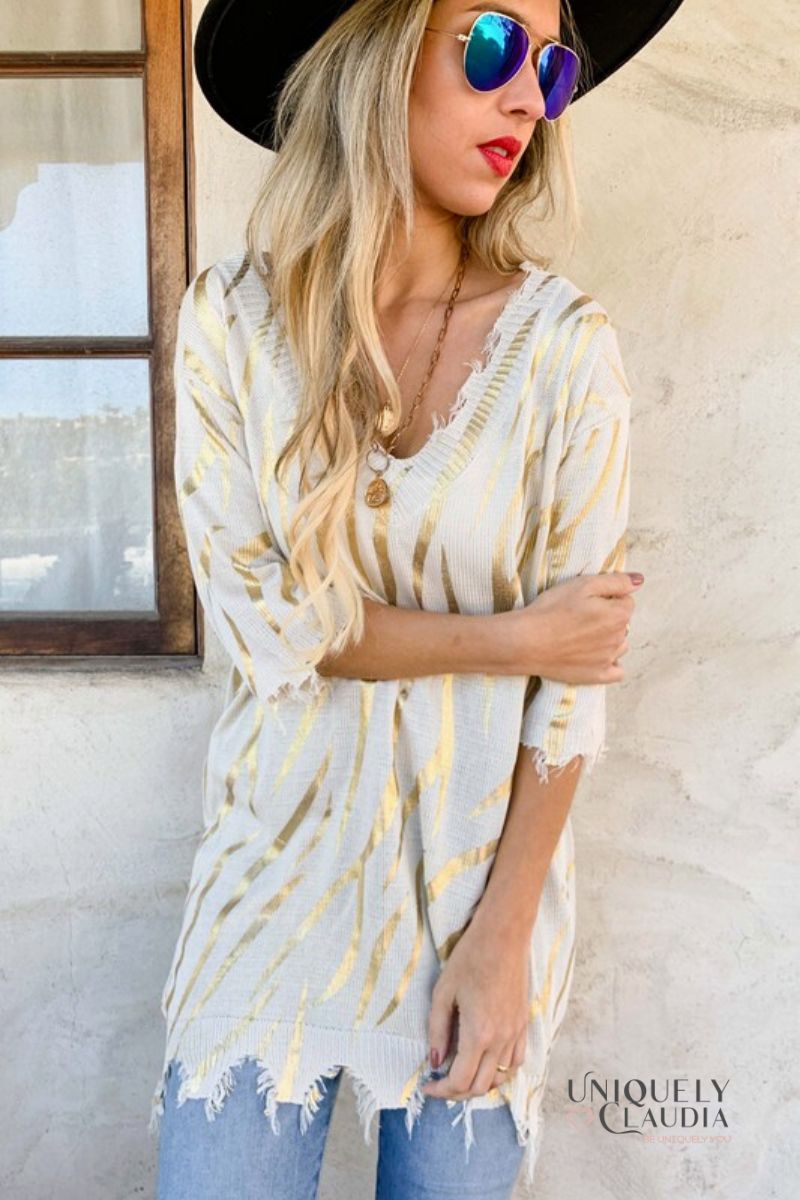 Sigrid Gold Printed Distressed Knit Top | Uniquely Claudia