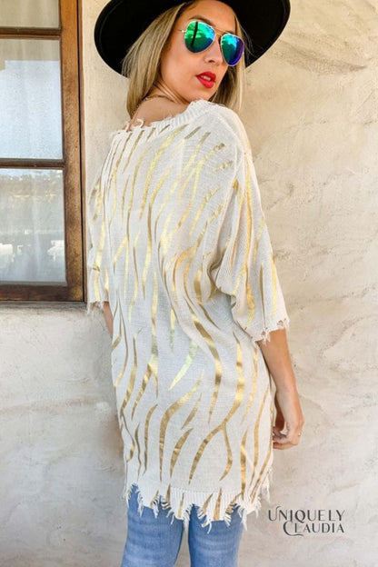 Sigrid Gold Printed Distressed Knit Top | Uniquely Claudia