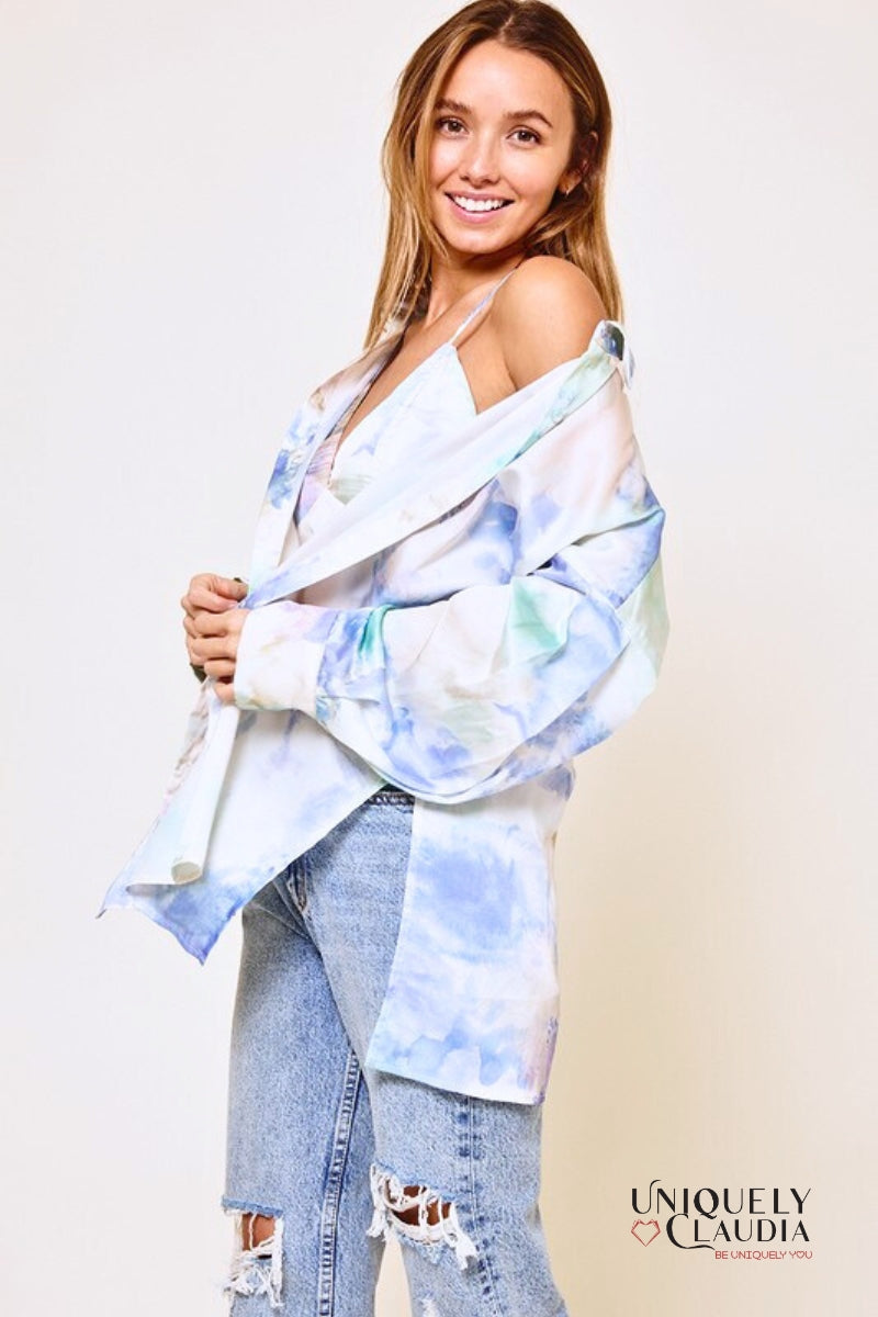 Women's Tops | Monica Tie Dye Print Boyfriend Satin Shirt and Matching Crop Top | Uniquely Claudia Boutique