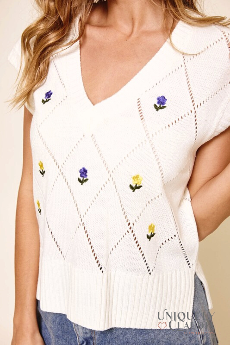 Ashley Floral Embroidered Sweater Vest - Uniquely Claudia Boutique