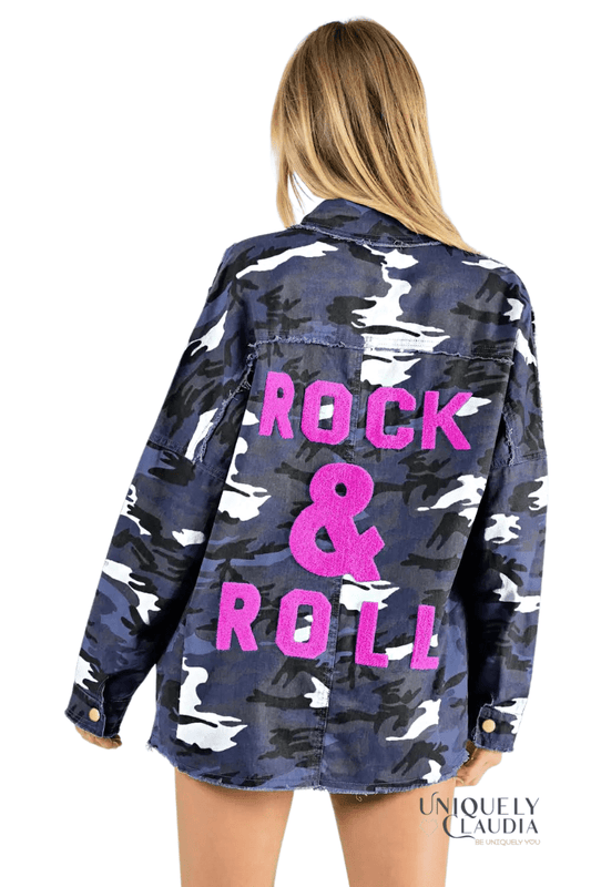 Plus Hallie Army Print Slate Blue Shacket | Uniquely Claudia Boutique 