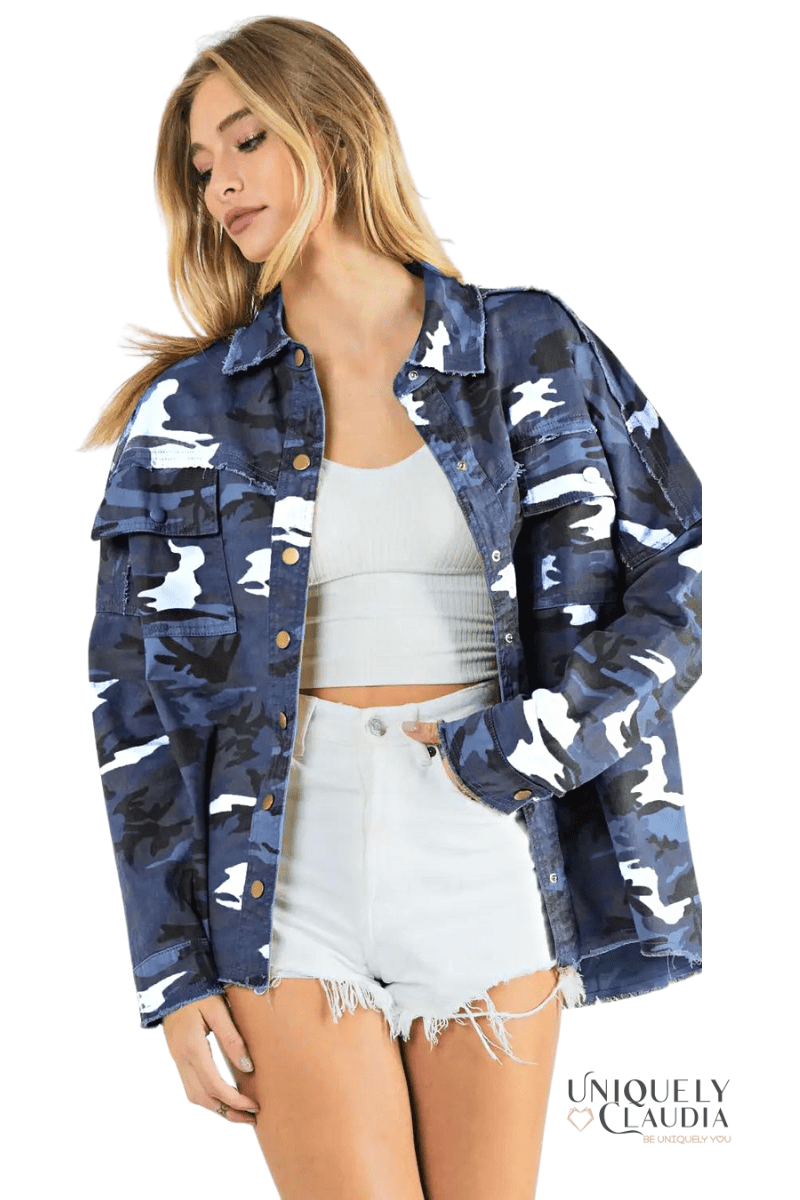 Plus Hallie Army Print Slate Blue Shacket | Uniquely Claudia Boutique 