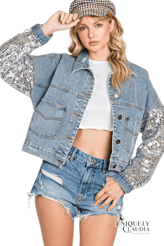 Brittney Sequins Detail Distressed Denim Jacket - UNIQUELY CLAUDIA